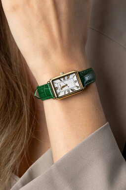 ZINZI Elegance bicolor horloge witte wijzerplaat en rechthoekige goudkleurige  kast en groene leren band 28mm extra dun ZIW1907G