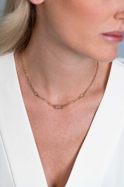 ZINZI zilveren collier extra 14K geel verguld paperclip schakel met witte ronde zirconia's 42-45cm ZIC2264G