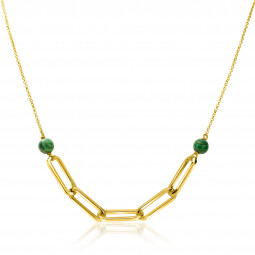 ZINZI Gold Plated Sterling Silver Necklace with Paperclip Chain and 2 Beads in Green Color Stone 41-43cm ZIC-BF92