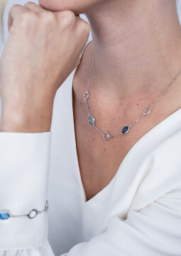 ZINZI zilveren fantasie ketting 45cm blauw en turquoise rond ZIC2000