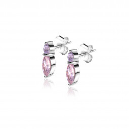 10mm ZINZI zilveren oorknopjes  bezet met ovale zirconia's in roze en lila  ZIO2498