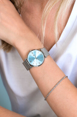 ZINZI Roman Watch Ice Blue Dial Silver Colored Stainless Steel Case and Mesh Strap 34mm ZIW545M