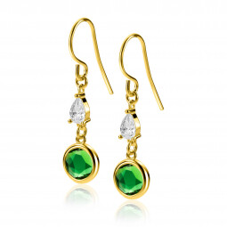 37mm ZINZI Gold Plated Sterling Silver Drop Earrings White Zirconia and Round Green Color Stone ZIO-BF69G