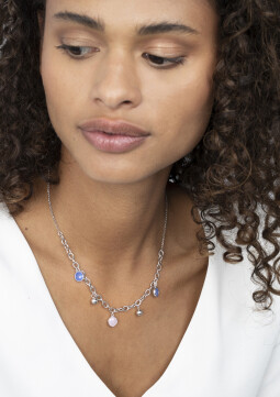 ZINZI zilveren luxe jasseron ketting 45cm met bolletjes en bedels rond in roze en blauw ZIC2005