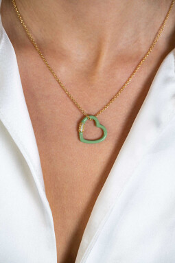 ZINZI gold plated zilveren schakelketting 45cm hart hanger zachtgroen emaille en witte zirconia's ZIC2375
