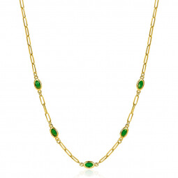 ZINZI gold plated zilveren ketting met paperclip schakels, bezet met 5 ovale groene kleurstenen 42-45 cm ZIC1939
