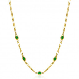 ZINZI Gold Plated Sterling Silver Chain Necklace Paperclip with 5 Oval Green Color Stones 42-45cm ZIC1939