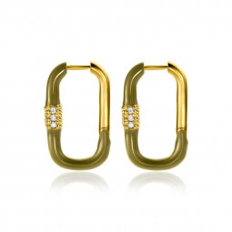 22mm ZINZI Gold Plated Sterling Silver Hoop Earrings Rectangular Olive Green Enamel and White Zirconias 22x3mm ZIO2374