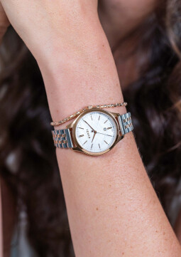 ZINZI Classy horloge 34mm wit parelmoer wijzerplaat roségoudkleurige stalen kast en bicolor band, datum ziw1018
