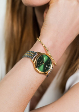 ZINZI Classy Watch 34mm Green Dial Gold Colored Stainless Steel Case and Bicolor Strap with Date ZIW1035