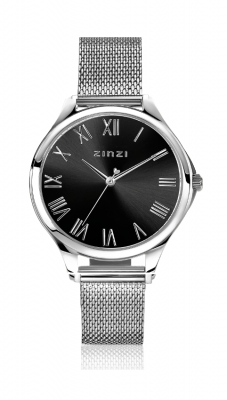 ZINZI horloge JULIA 34mm zwarte wijzerplaat romeinse cijfers stalen kast en meshband ZIW1101M
