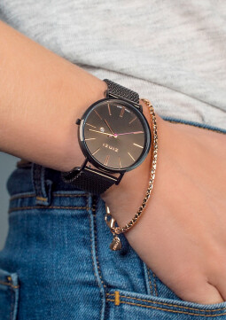 ZINZI Retro horloge bruin gekleurde wijzerplaat met rosé wijzers en bruine stalen mesh band 38mm extra dun ZIW415M