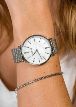 ZINZI Retro Watch White Mother-of-Pearl and Silver Colored Dial Silver Colored Stainless Steel Case and Mesh Strap 38mm  ZIW417M