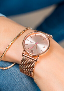 ZINZI Roman horloge roségoudkleurige wijzerplaat en kast stalen mesh band roségoudkleurig 34mm extra dun ZIW505M