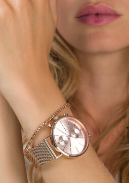 ZINZI Traveller horloge roségoudkleurige wijzerplaat en kast stalen mesh band roségoudkleurig 39mm dual time ZIW705M