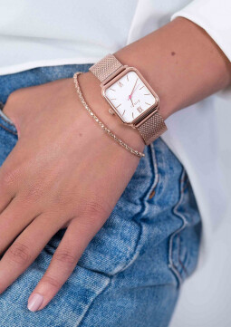 ZINZI Square Roman horloge witte wijzerplaat en rechthoekige roségoudkleurige kast stalen mesh band 32mm extra dun ZIW808M