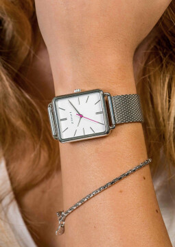 ZINZI Vintage Retro horloge witte wijzerplaat en rechthoekige kast stalen mesh band 34mm extra dun ZIW906M
