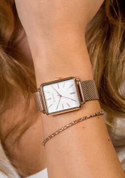 ZINZI Vintage Retro horloge witte wijzerplaat en rechthoekige roségoudkleurige kast stalen mesh band 34mm extra dun ZIW908M