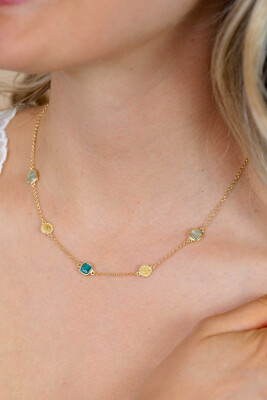 ZINZI zlv. collier gg.verg. met groen en bew.plaatjes