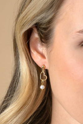30mm ZINZI gold plated silver stud earrings with open heart and dangling white freshwater pearl ZIO2642