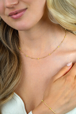 ZINZI Gold Plated Sterling Silver Fantasy Necklace with 13 Yellow Green Donuts and Shiny Beads 42-45cm ZIC2508