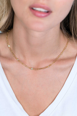 ZINZI Gold Plated Sterling Silver Necklace Paperclip Chain Round White Zirconia 40-45cm ZIC2079Y