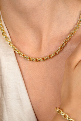 ZINZI gold plated silver wide chain necklace (6mm wide) with luxury jasseron links in smooth and worked finishes 45cm ZIC2638