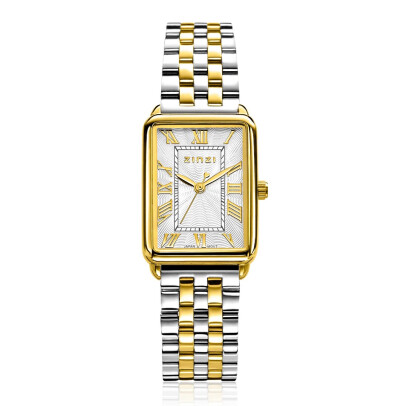 ZINZI Elegance bicolor Watch White Dial and Rectangular Gold Colored Case and Bicolor Stainless Steel Chain Strap 28mm ZIW1907