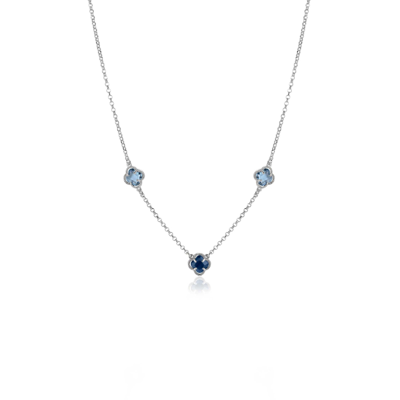 ZINZI silver link necklace with two light blue clovers and one