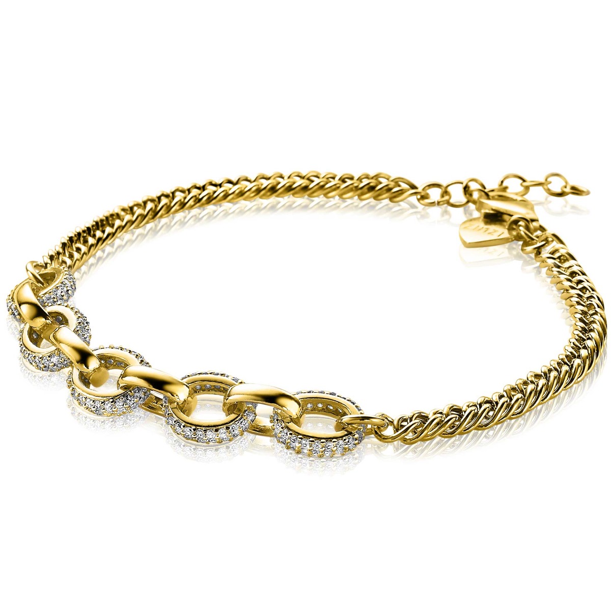 ZINZI Gold Plated Sterling Silver Curb Chain Bracelet Oval Chains with White Zirconias ZIA2203Y