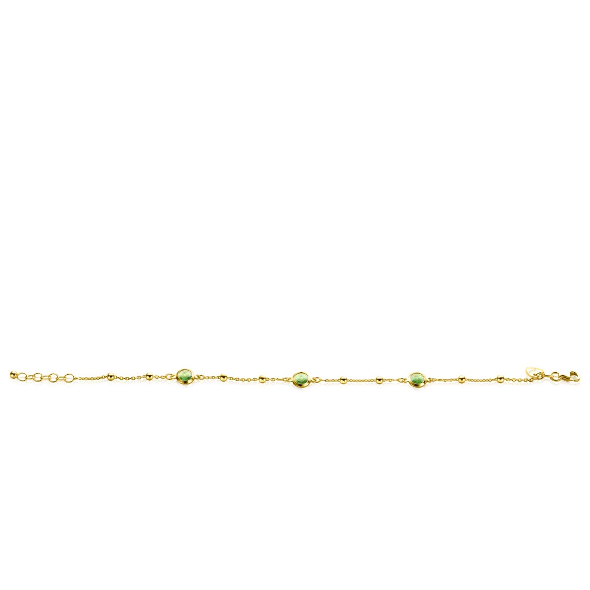 ZINZI Gold Plated Sterling Silver Bracelet with Beads and Round Green Swarovski Crystals 17-20cm ZIA2348
