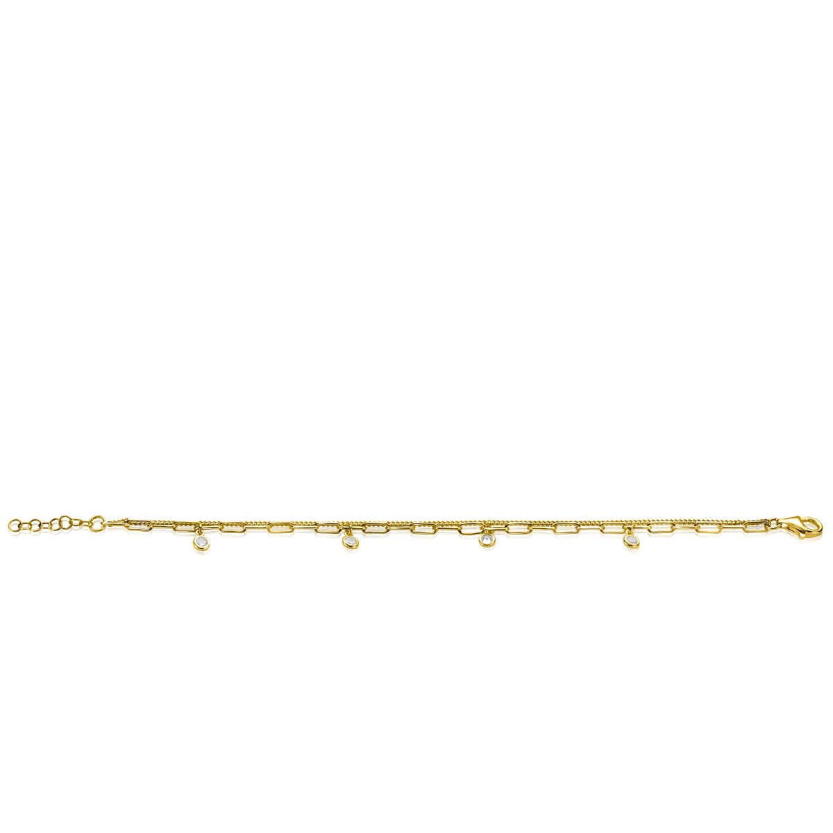 ZINZI Gold Plated Sterling Silver Multi-look Bracelet Curb and Paperclip Chains and Set with 4 Round Zirconias ZIA2362Y