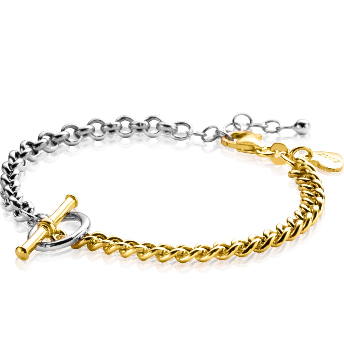 ZINZI Sterling Silver Bicolor Bracelet Trendy Rolo Chain and Gold Plated Curb Chain with Toggle Clasp 17-20cm ZIA2387