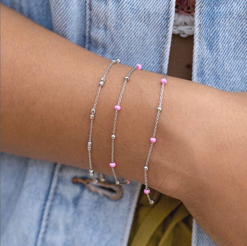 ZINZI Sterling Silver Fantasy Bracelet with 5 Pink Donuts and Shiny Beads 17-19,5cm ZIA2510