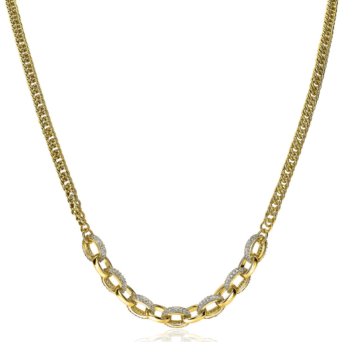 ZINZI Gold Plated Sterling Silver Curb Chain Necklace Oval Chains White Zirconias 45cm ZIC2203Y