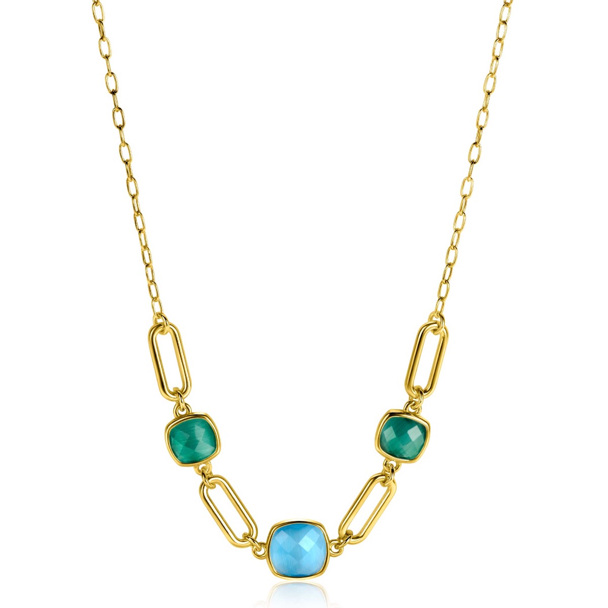 ZINZI Gold Plated Sterling Silver Necklace with Paperclip Chains and Green Turquoise Color Stones ZIC2332