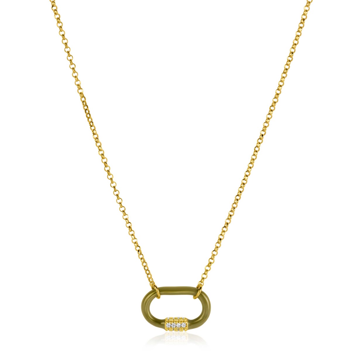 ZINZI Gold Plated Silver Chain Necklace 45cm Oval Pendant Olive Green Enamel And White Zirconias ZIC2374