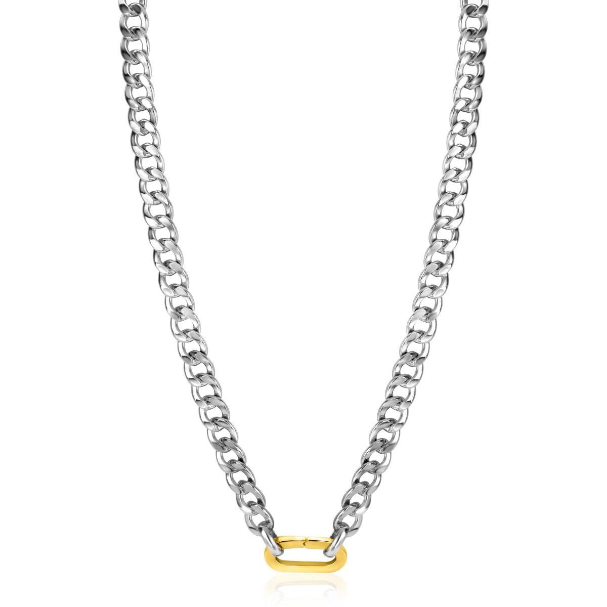 ZINZI Sterling Silver Curb Chain Statement Necklace 42cm with Gold Plated Oval Clasp ZIC2378