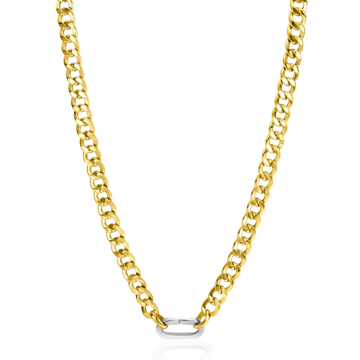 ZINZI Gold Plated Sterling Silver Curb Chain Statement Necklace 42cm with Silver Oval Clasp ZIC2378G
