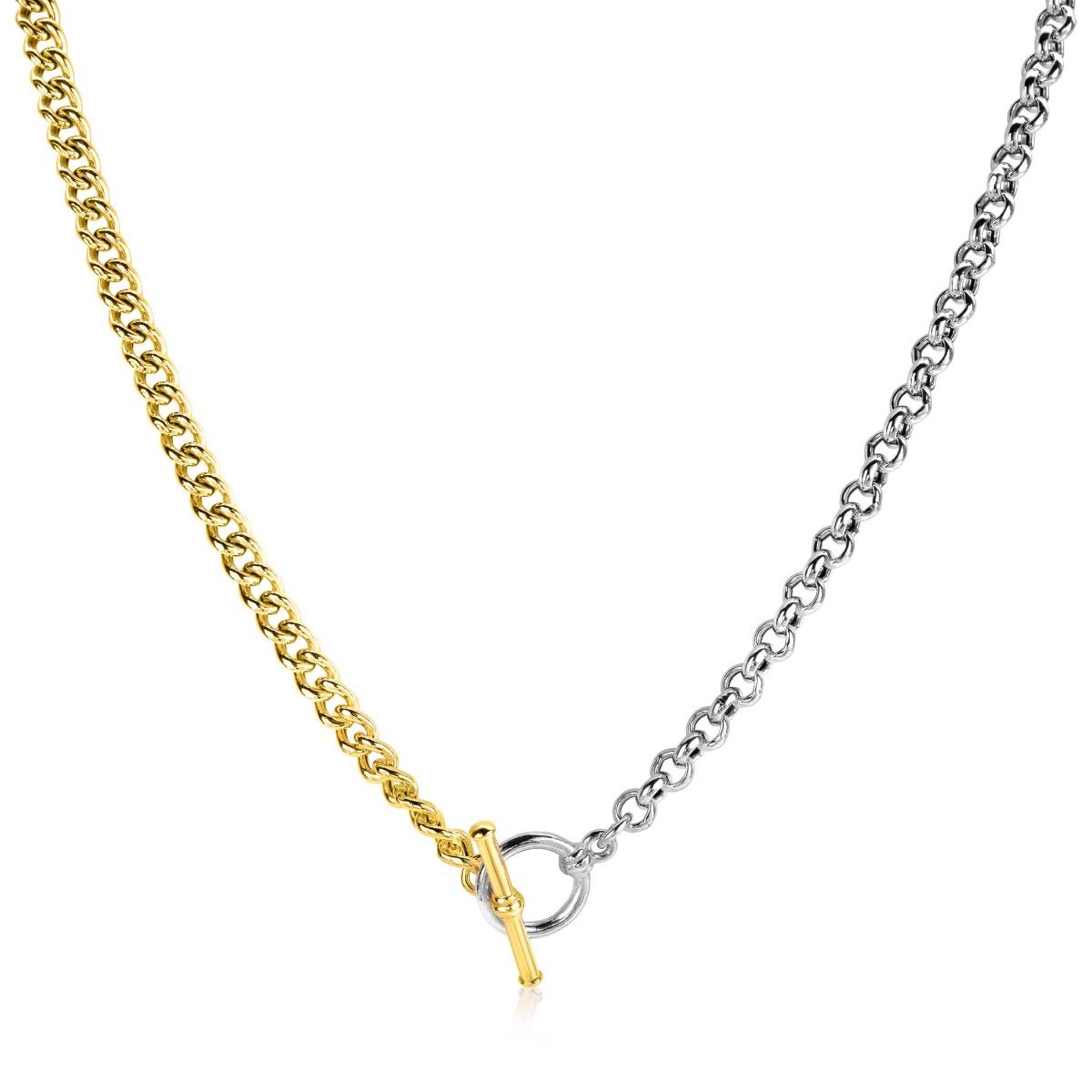 Zinzi Sterling Silver Bicolor Necklace Trendy Rolo and Gold Plated Curb Chains with Toggle Clasp 42-45cm ZIC2387