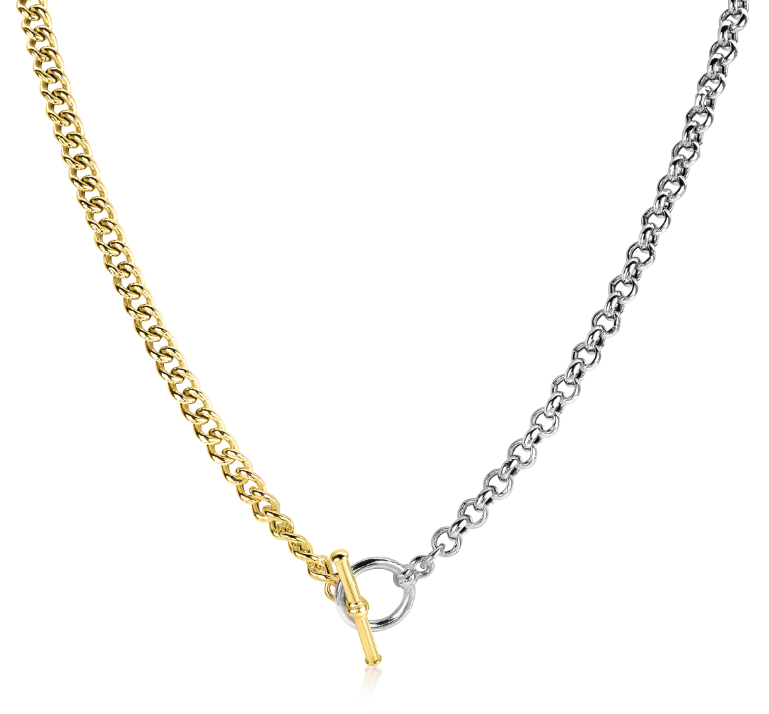 Zinzi Sterling Silver Bicolor Necklace Trendy Rolo and Gold Plated Curb Chains with Toggle Clasp 42-45cm ZIC2387
