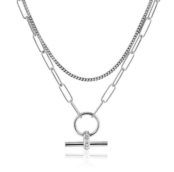 ZINZI Sterling Silver Multi-look Necklace 50cm: Combination of Curb and Paperclip Chains with Trendy T-Bar Set with White Zirconias ZIC2462