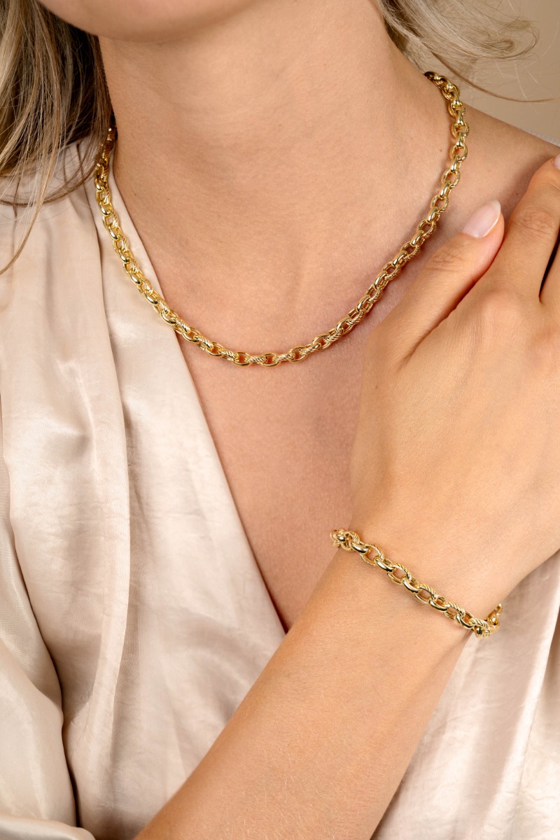 ZINZI gold plated silver wide chain necklace (6mm wide) with luxury jasseron links in smooth and worked finishes 45cm ZIC2638