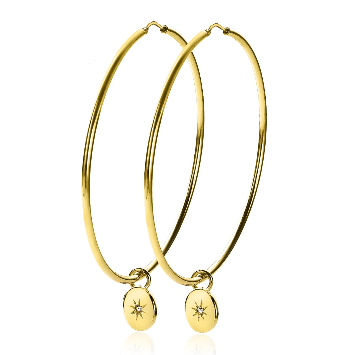 10mm ZINZI Gold Plated Sterling Silver Earrings Pendants Coin with a Sun and White Zirconias ZICH1994G (excl. hoop earrings)