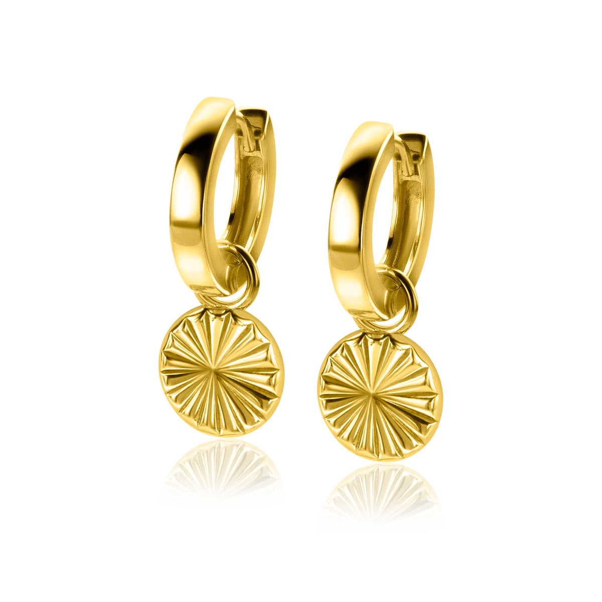 10mm ZINZI Gold Plated Sterling Silver Earrings Pendants Coin with Sunbeams ZICH2296 (excl. hoop earrings)