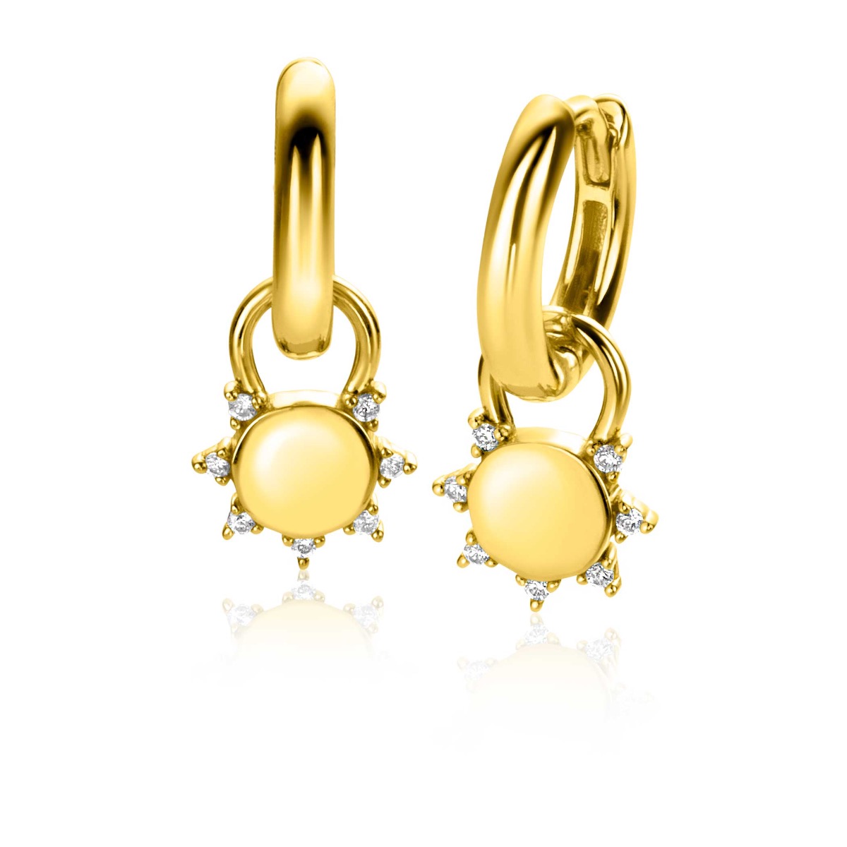 8mm ZINZI Gold Plated Sterling Silver Earrings Pendants Sun with White Zirconias ZICH2302 (excl. hoop earrings)