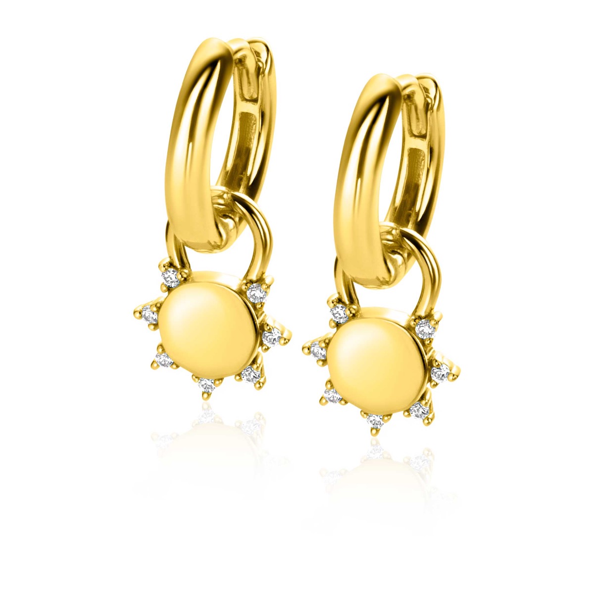 8mm ZINZI Gold Plated Sterling Silver Earrings Pendants Sun with White Zirconias ZICH2302 (excl. hoop earrings)