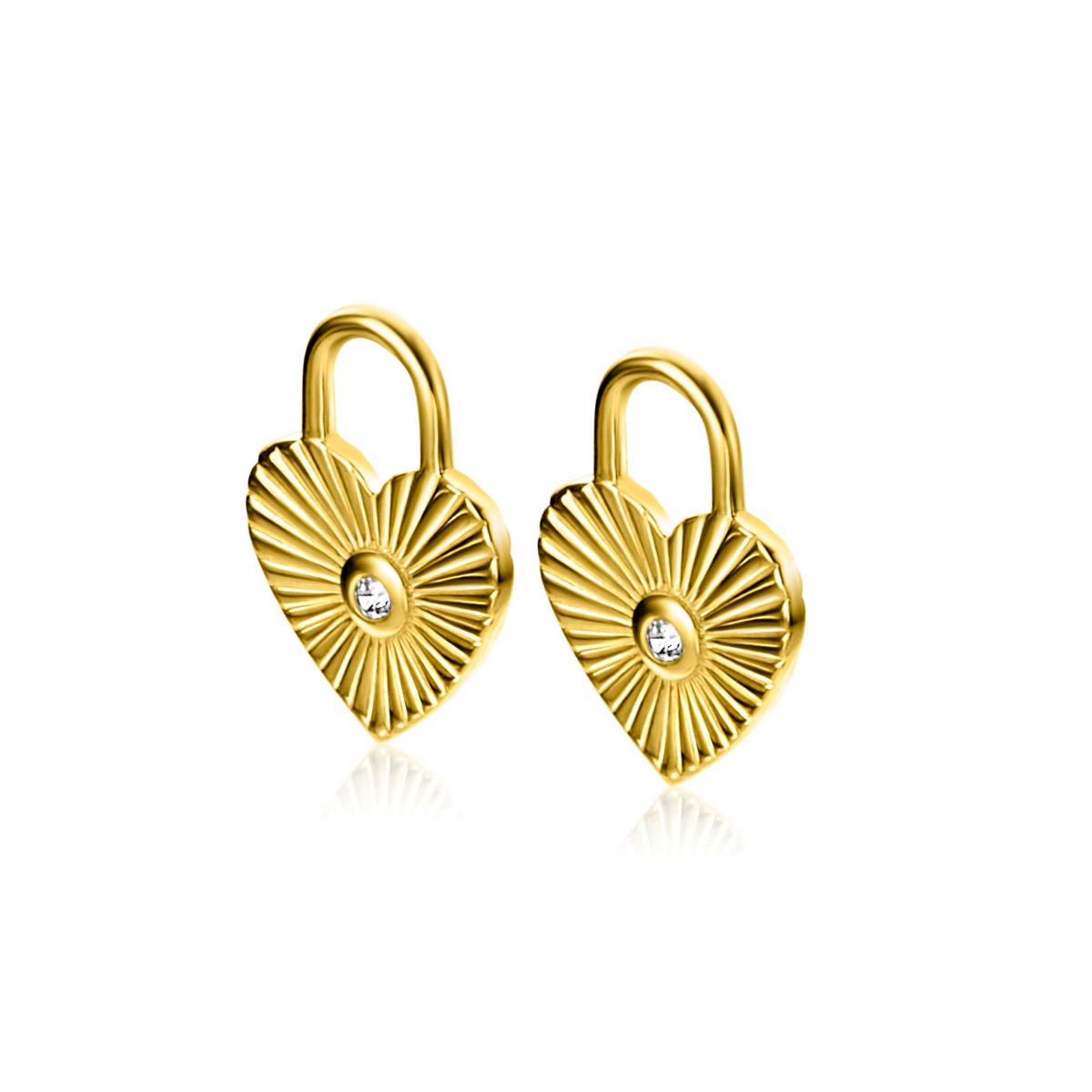 15mm ZINZI Gold Plated Sterling Silver Earrings Pendants Heart with Sunbeams and White Zirconia ZICH2305 (excl. hoop earrings)