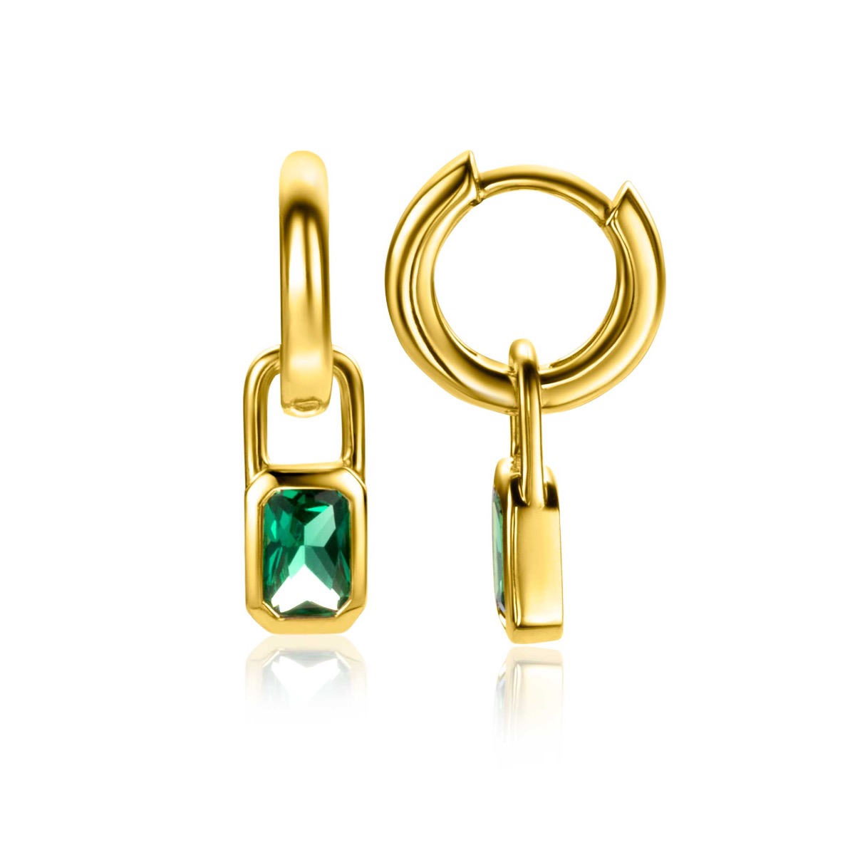 13mm ZINZI Gold Plated Sterling Silver Earrings Pendants Rectangle with Green Color Stones ZICH2307 (excl. hoop earrings)