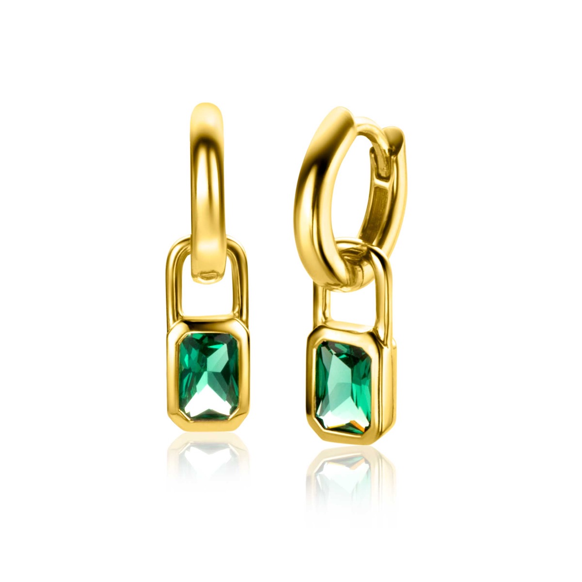 13mm ZINZI Gold Plated Sterling Silver Earrings Pendants Rectangle with Green Color Stones ZICH2307 (excl. hoop earrings)